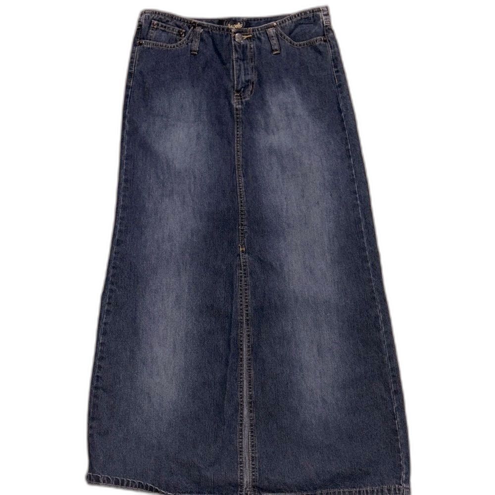 Angels denim boho maxi skirt front slit low rise
